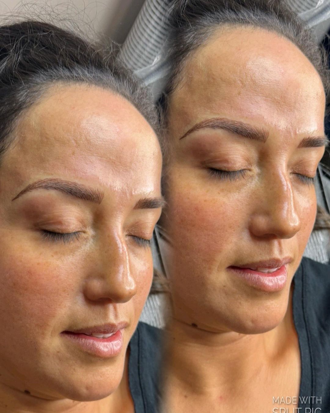 A before and after photo of a woman 's eyebrows.