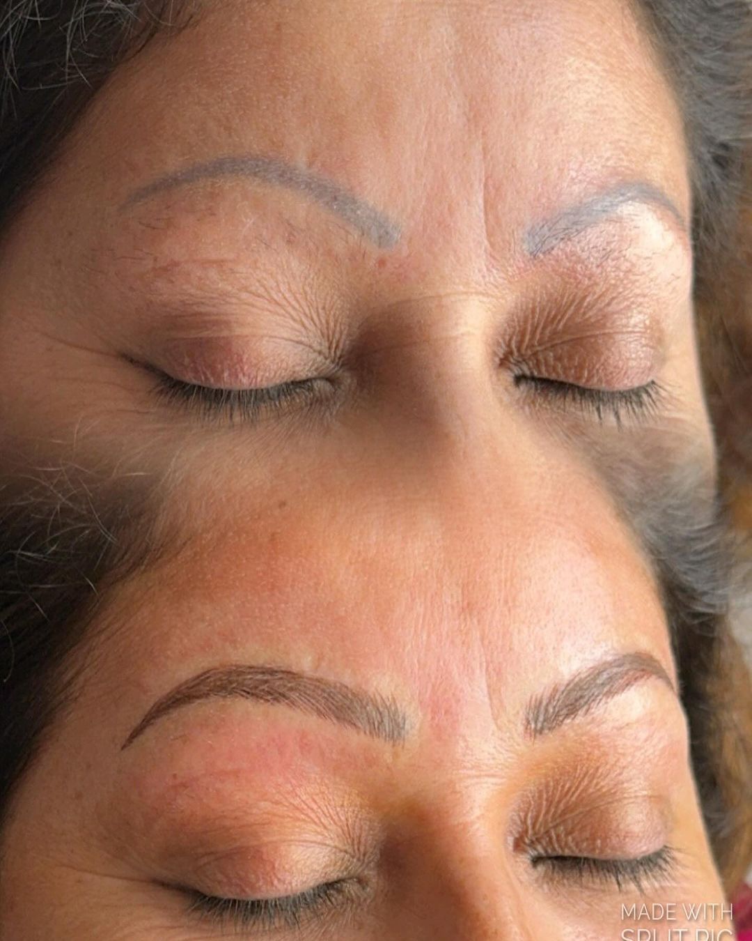 A before and after photo of a woman 's eyebrows.