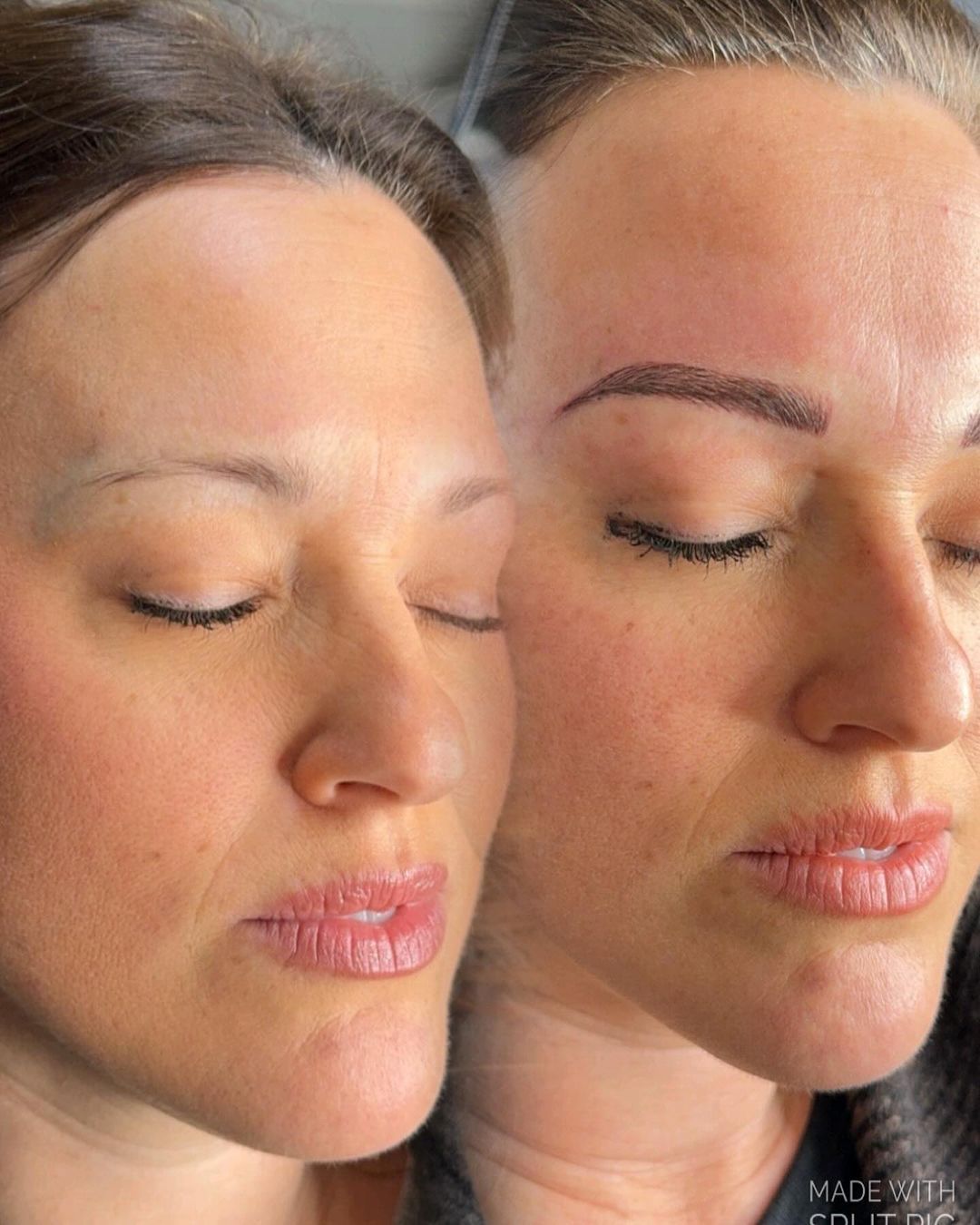 Two women are standing next to each other with their eyes closed.