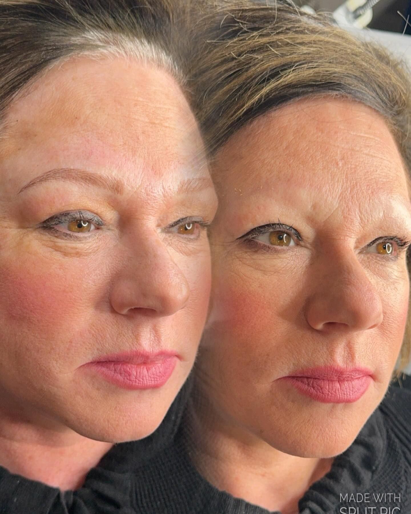 A before and after photo of a woman 's eyebrows.