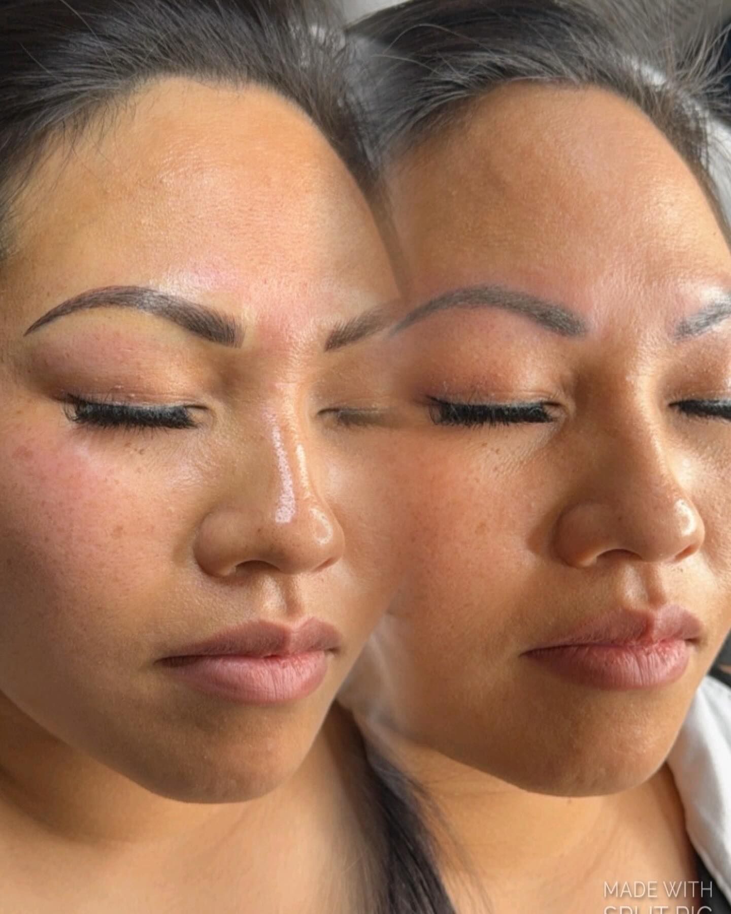 A before and after photo of a woman 's eyebrows.