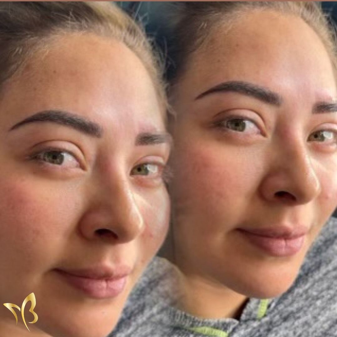 A close up of two women 's faces with a butterfly in the corner