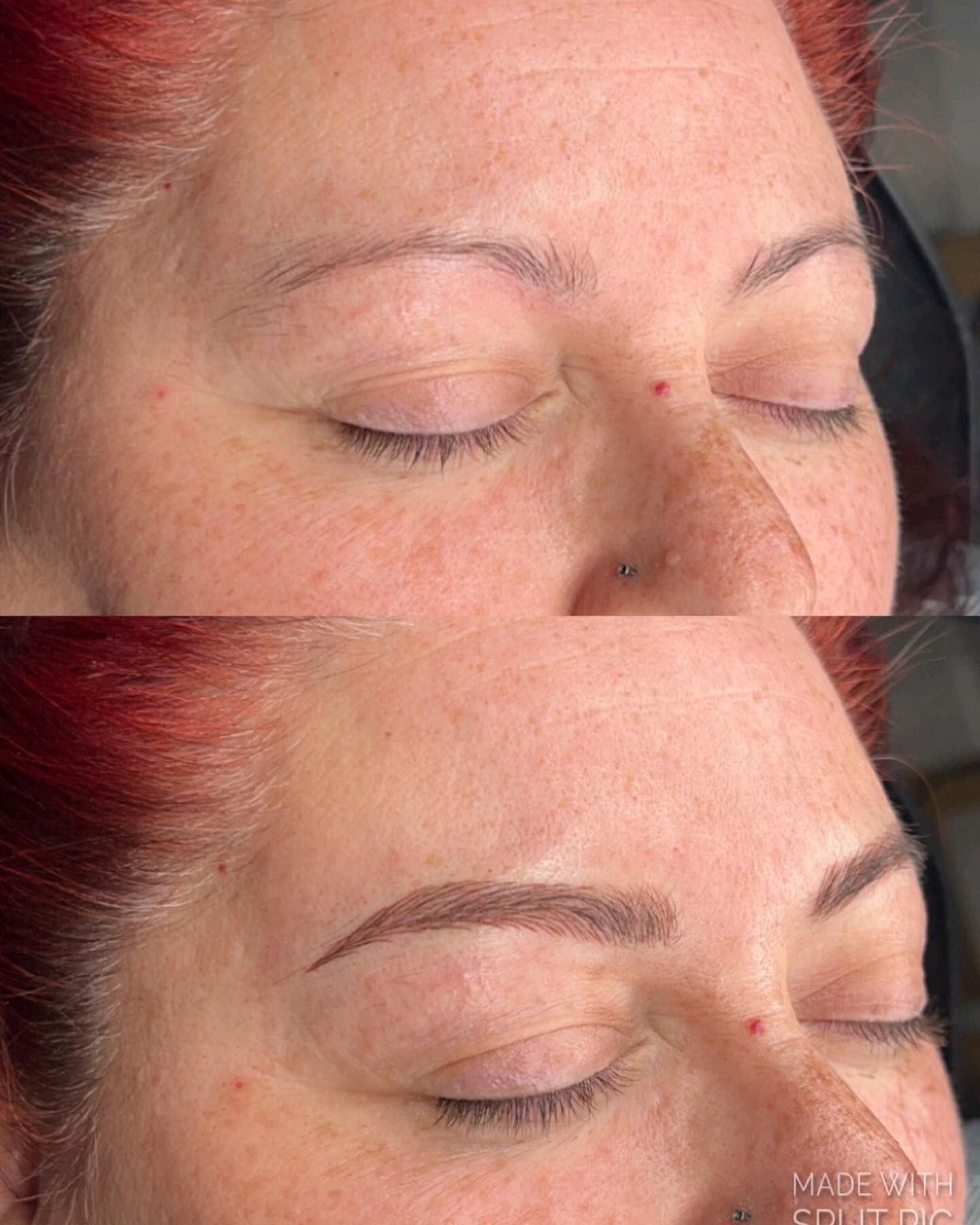 A before and after picture of a woman 's eyebrows.