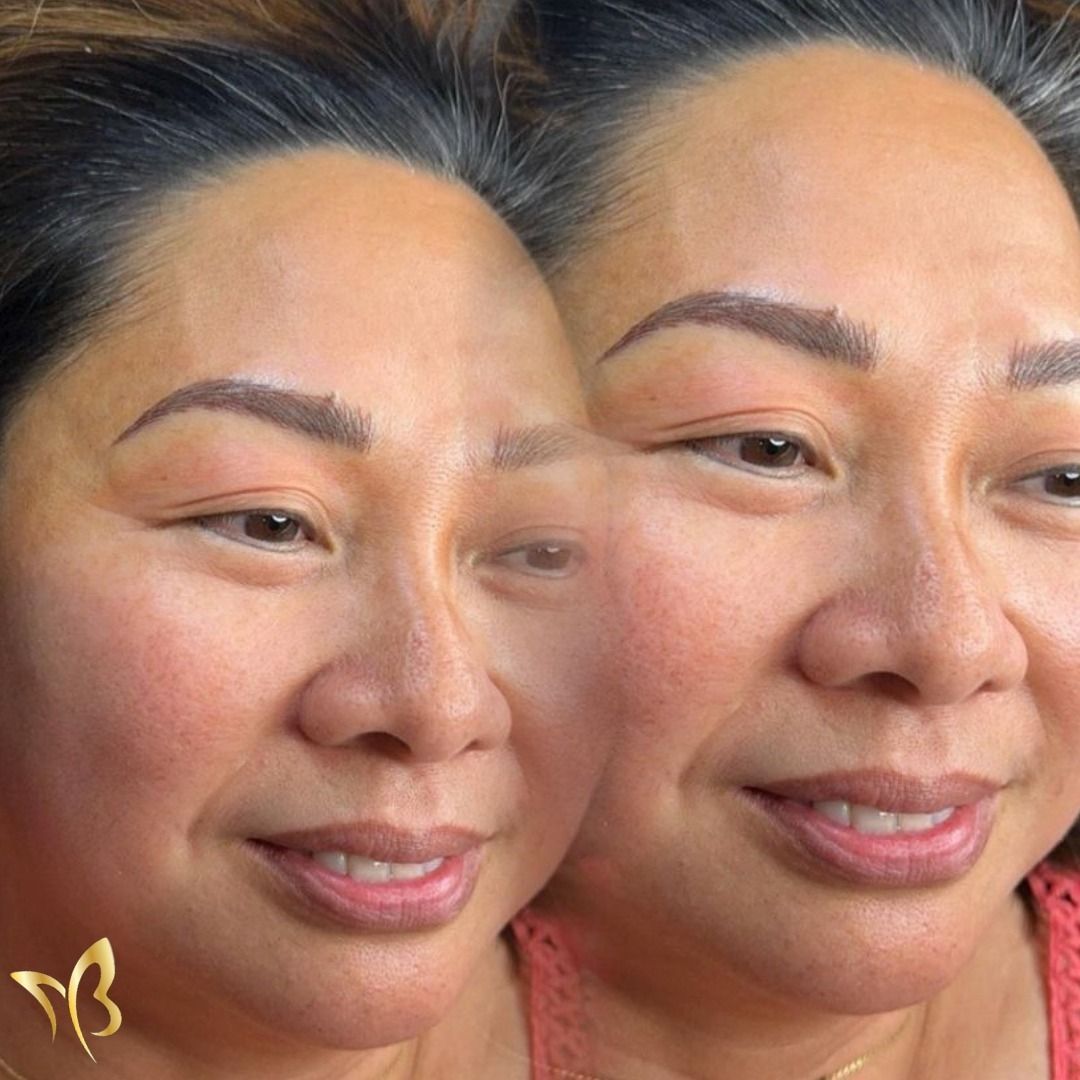A close up of two women 's faces with different eyebrows.