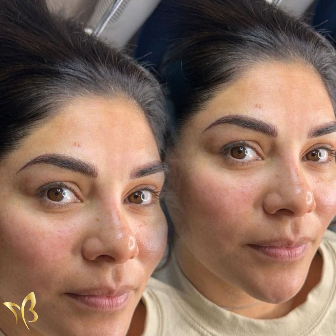 Two women are looking at each other in a mirror.