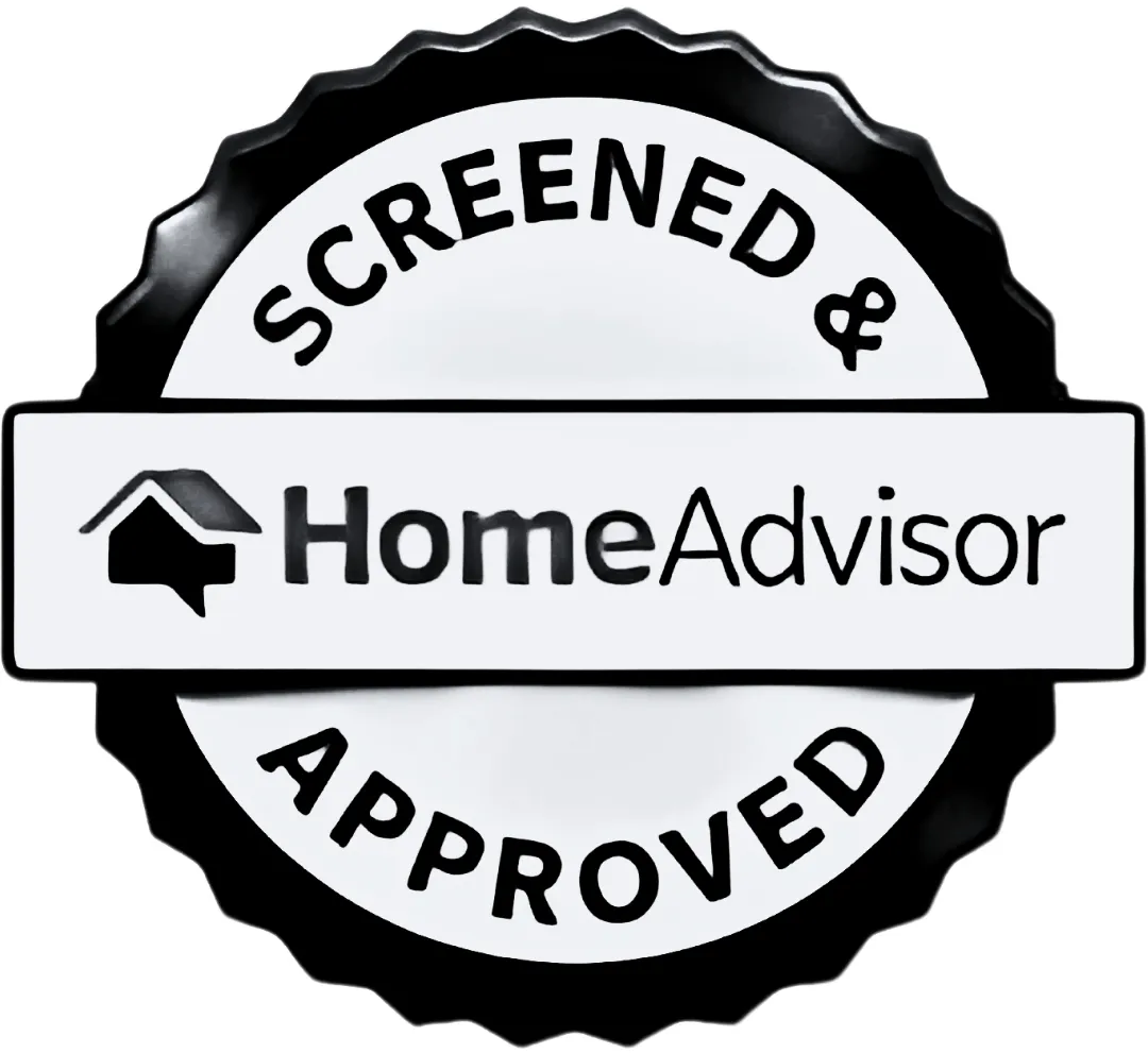 HomeAdvisor Screened & Approved badge: black and white circular design.