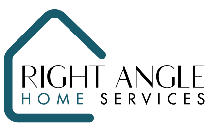 Logo for Right Angle Home Services. Teal house outline above text.
