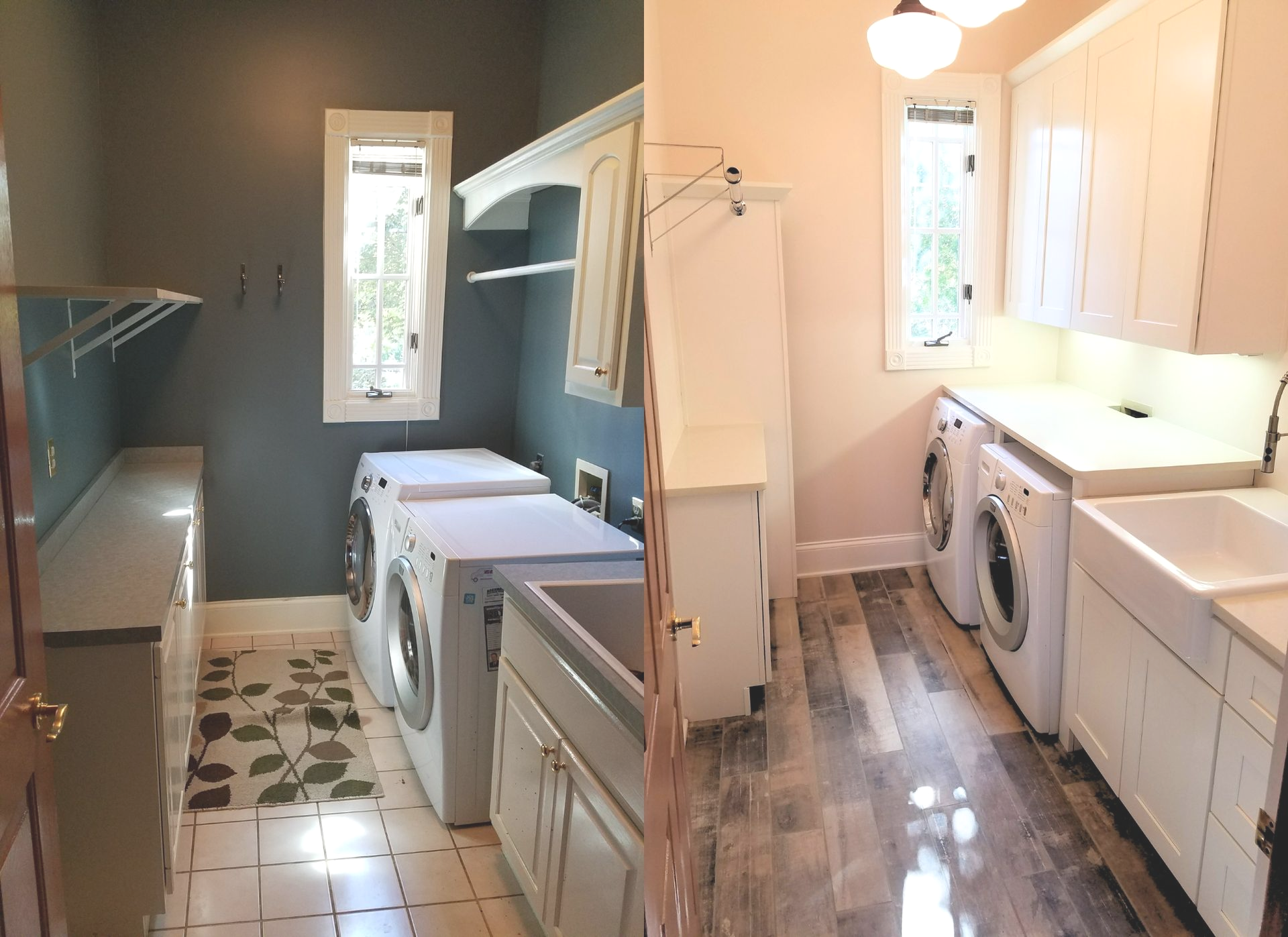 Laundry room, before and after renovation. Washer, dryer, cabinets, and sink. New flooring and paint.