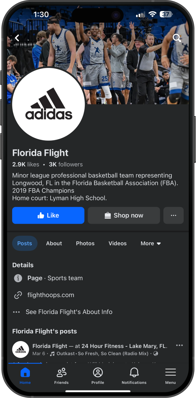A screenshot of a facebook page for adidas florida flight.