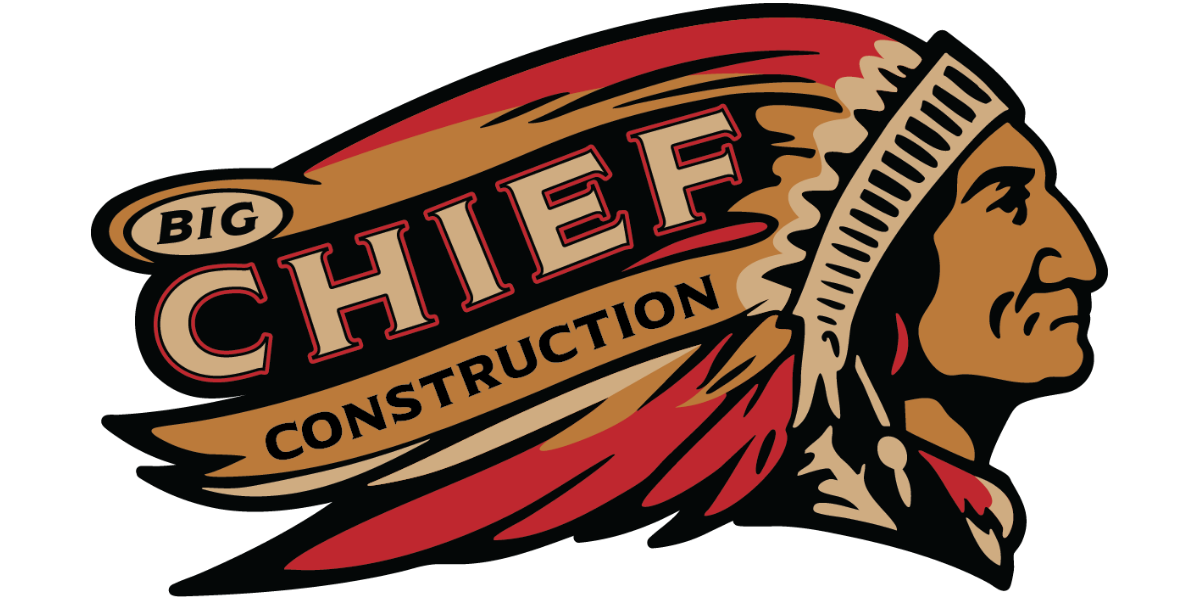 The logo for big chief construction shows a native american with feathers on his head.