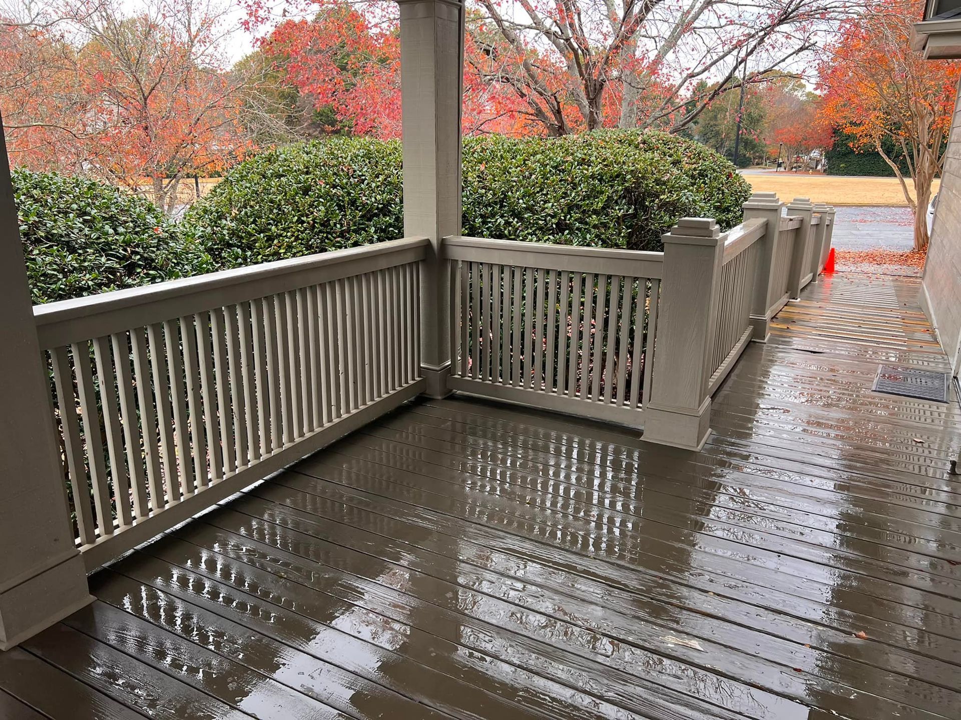 Wet wooden porch with railing, bushes, and fall trees in the background.