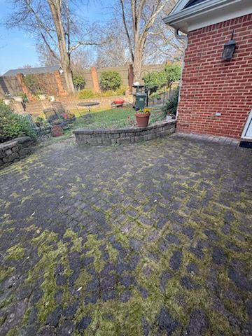 Brick patio covered in moss, near a red brick building with bare trees in the background.
