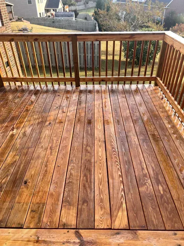 Wooden deck with railing, stained a warm brown. Sunlight glints off the wet surface.