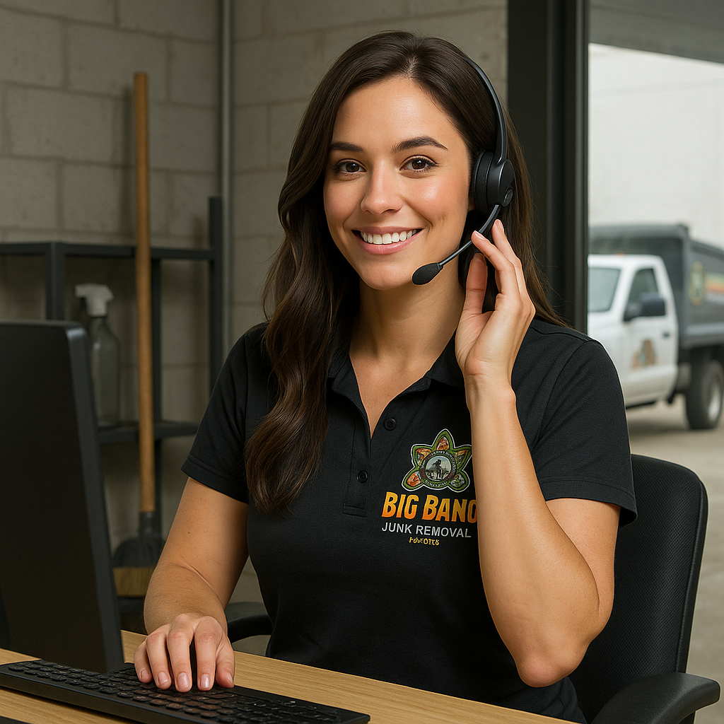 A woman wearing a headset is sitting at a desk in front of a computer.
