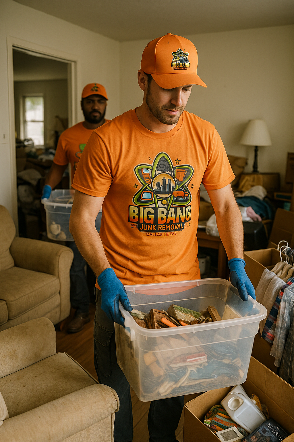 A man in an orange shirt is holding a plastic container filled with junk.
