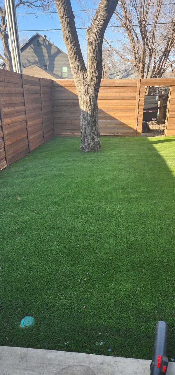 A backyard with a wooden fence and a tree in the middle of it.