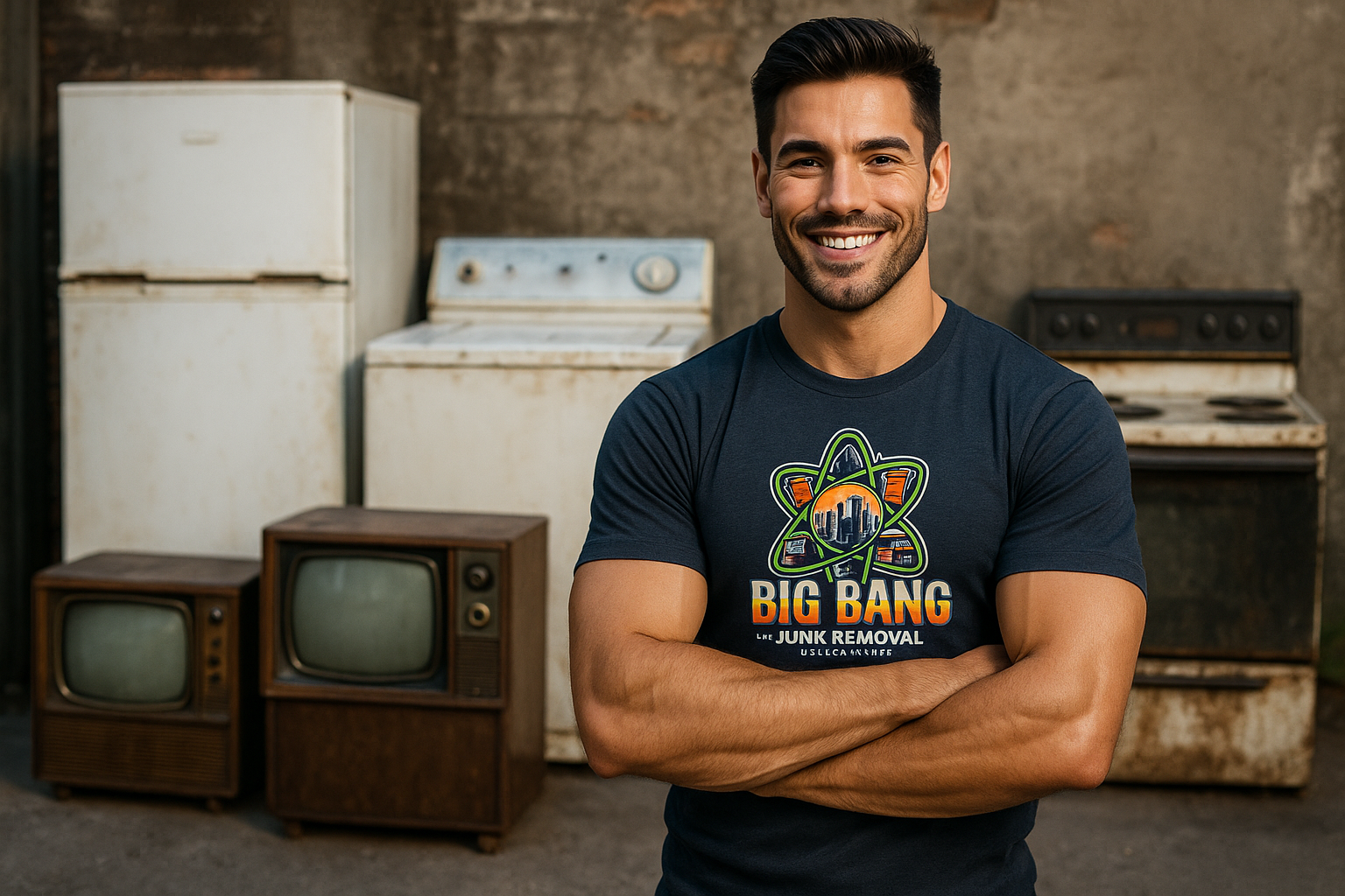 A man wearing a big bang t-shirt is standing in front of a pile of old appliances.