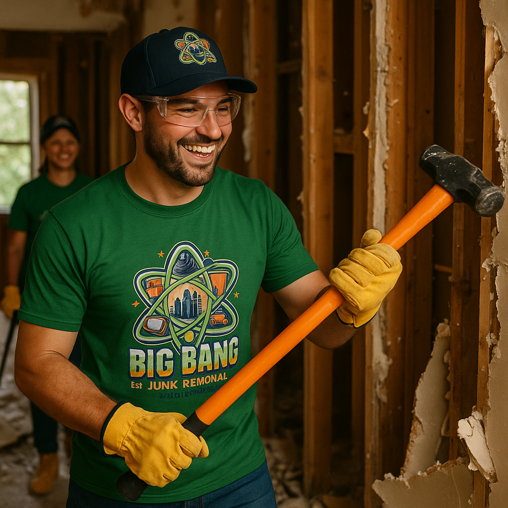 A man wearing a green shirt that says big bang is holding a hammer.