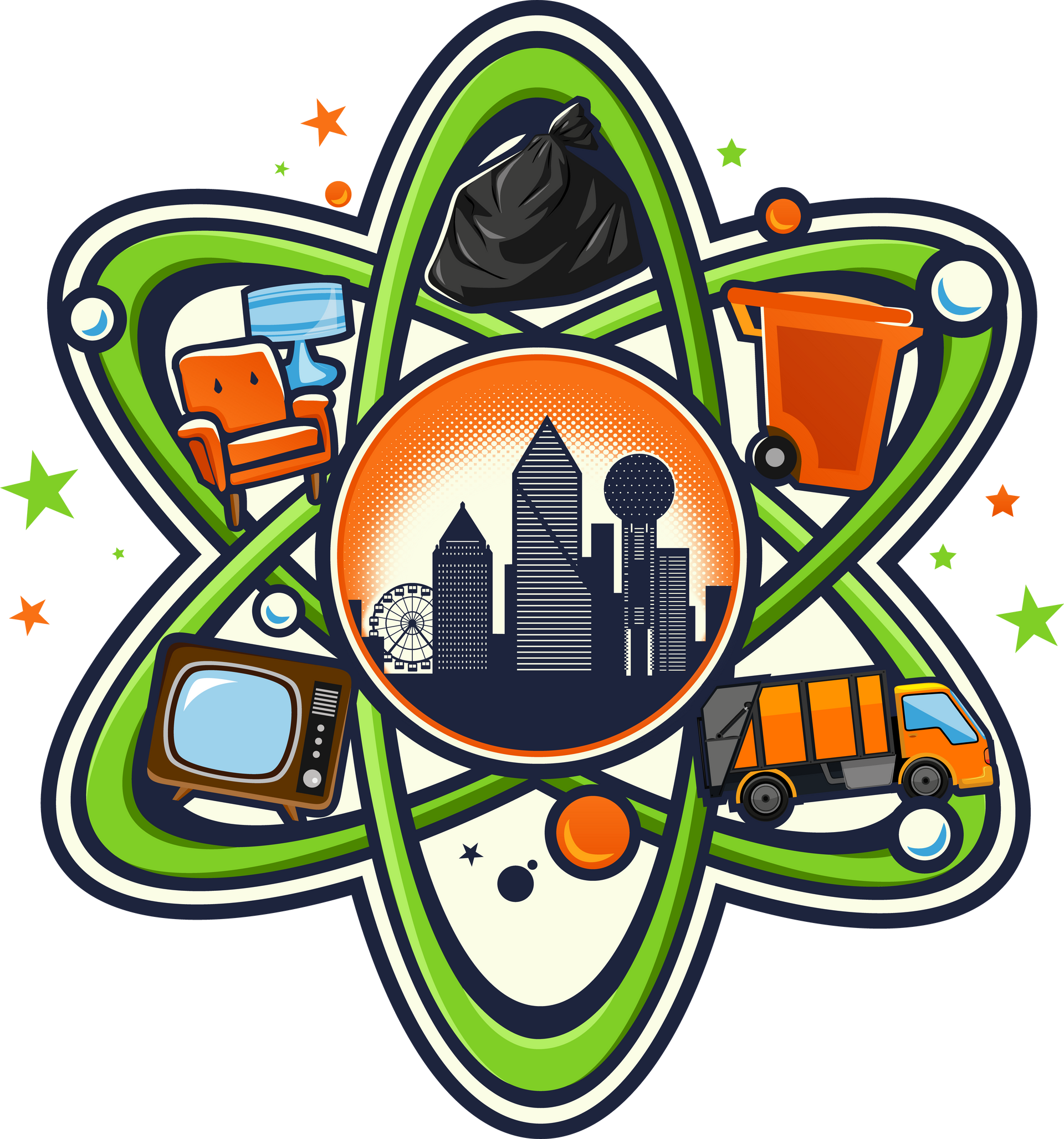 A cartoon illustration of an atom with a city in the center
