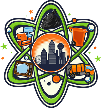 A cartoon illustration of an atom with a city in the center
