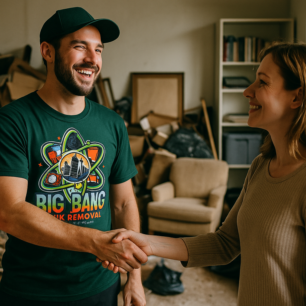 A man wearing a big bang shirt is shaking hands with a woman.