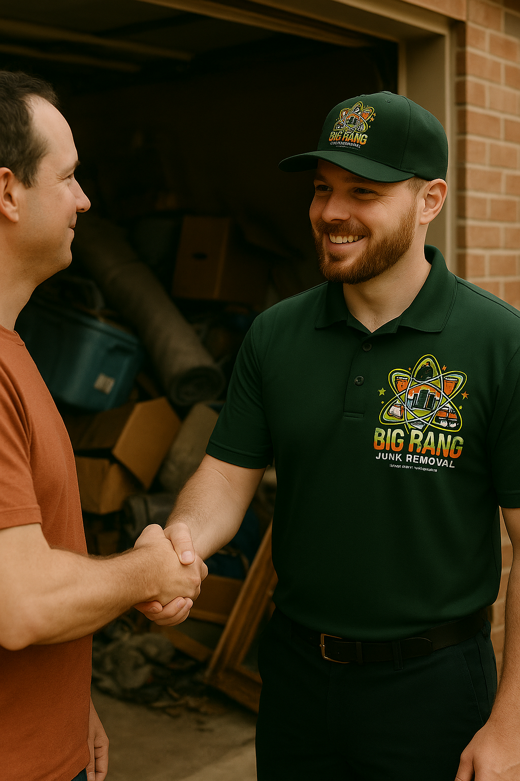 Two men are shaking hands in front of a garage.