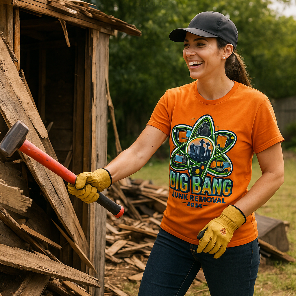 A woman wearing an orange big bang shirt is holding a hammer.