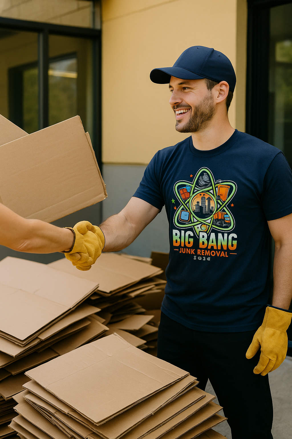 A man wearing a big bang t-shirt is shaking hands with another man.