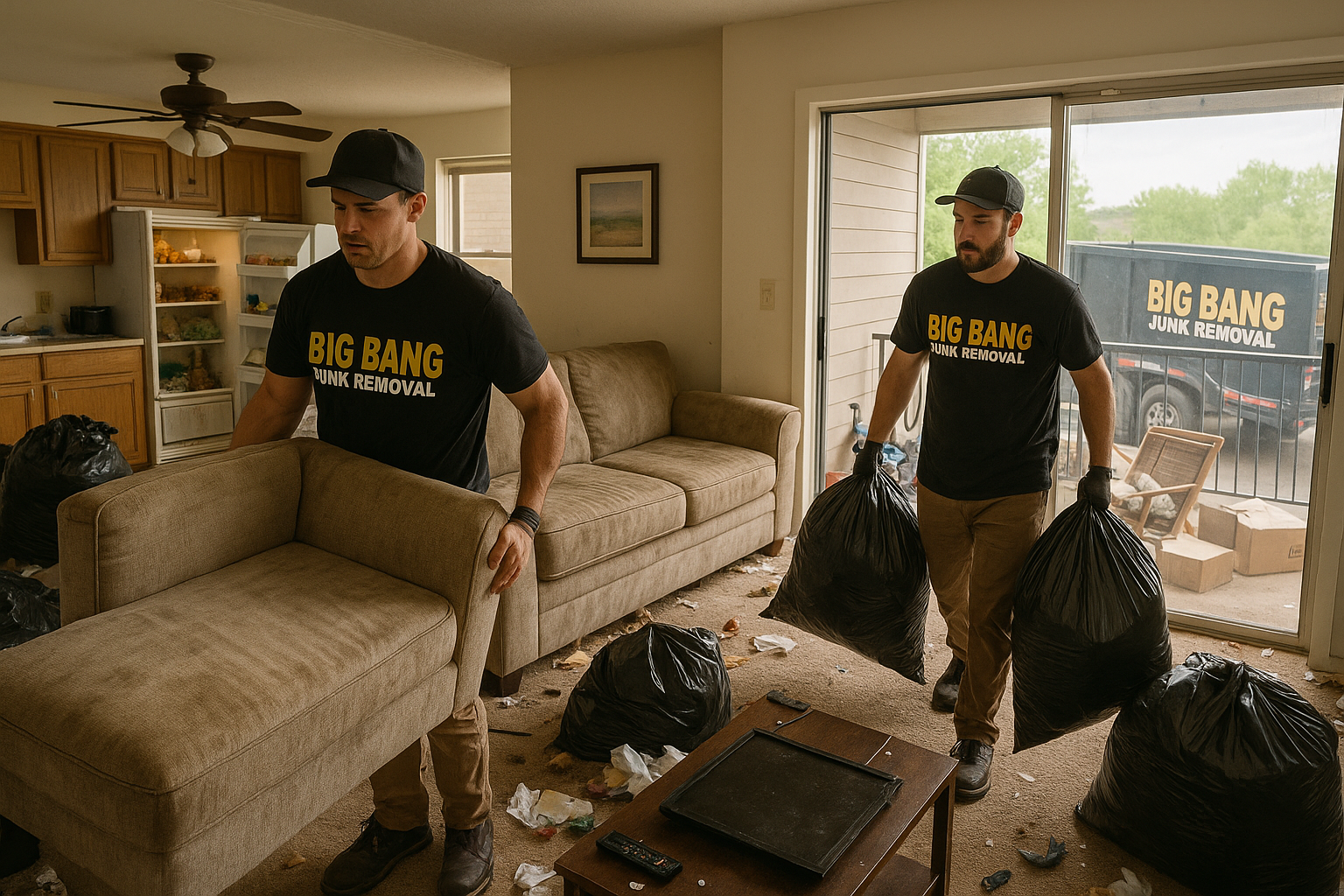 Two men are moving a couch in a living room.