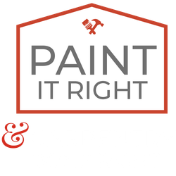 the logo for paint it right is a pink house with a hammer and brush on it .