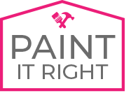 The logo for paint it right is a pink house with a hammer and brush on it.