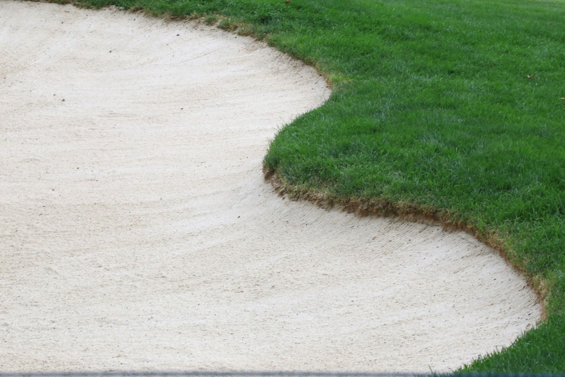 A bunker on a golf course is surrounded by green grass