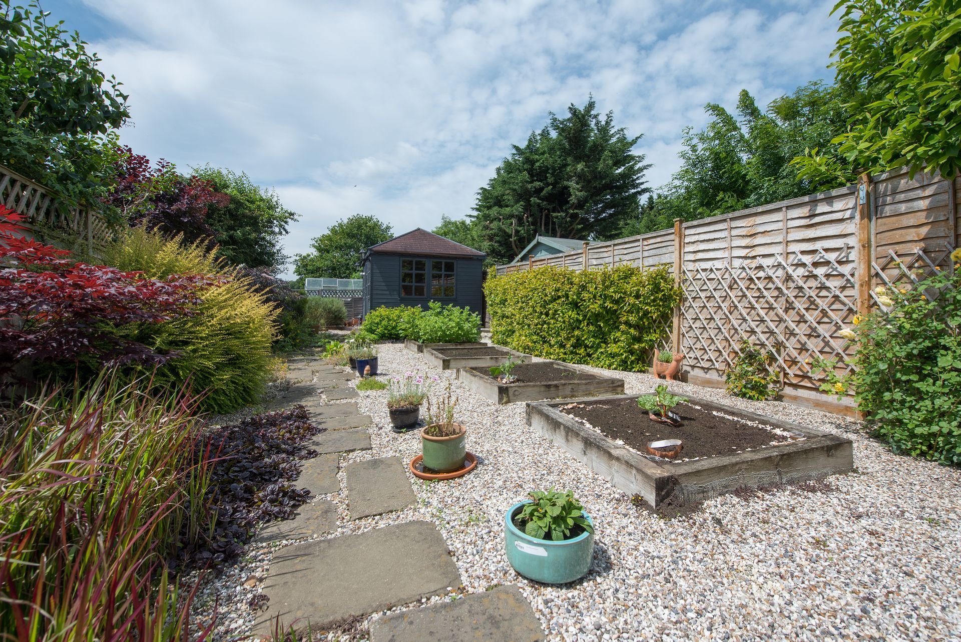 Gravel path winds through a sunny garden with potted plants and a small shed in the back.