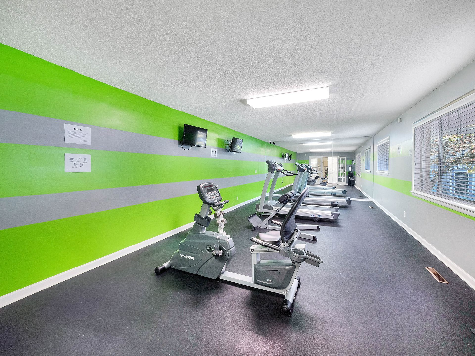 A gym with stationary exercise bikes and treadmills, featuring green and gray striped walls and dark flooring.
