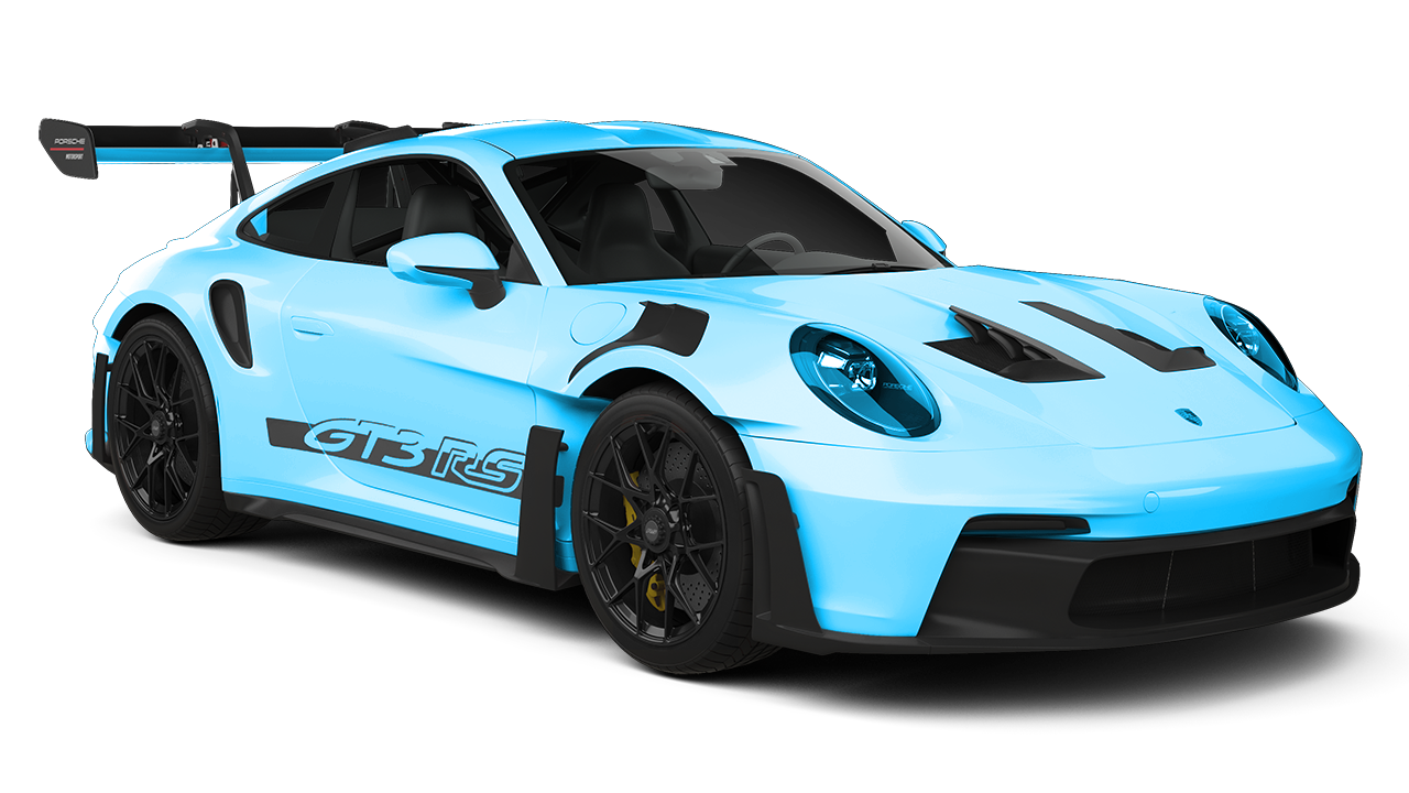 A blue porsche 911 gt3 rs with a black wing on a white background.