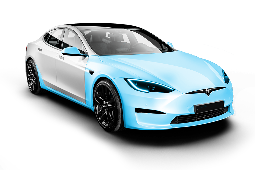 A tesla model s with a blue paint job on a white background.