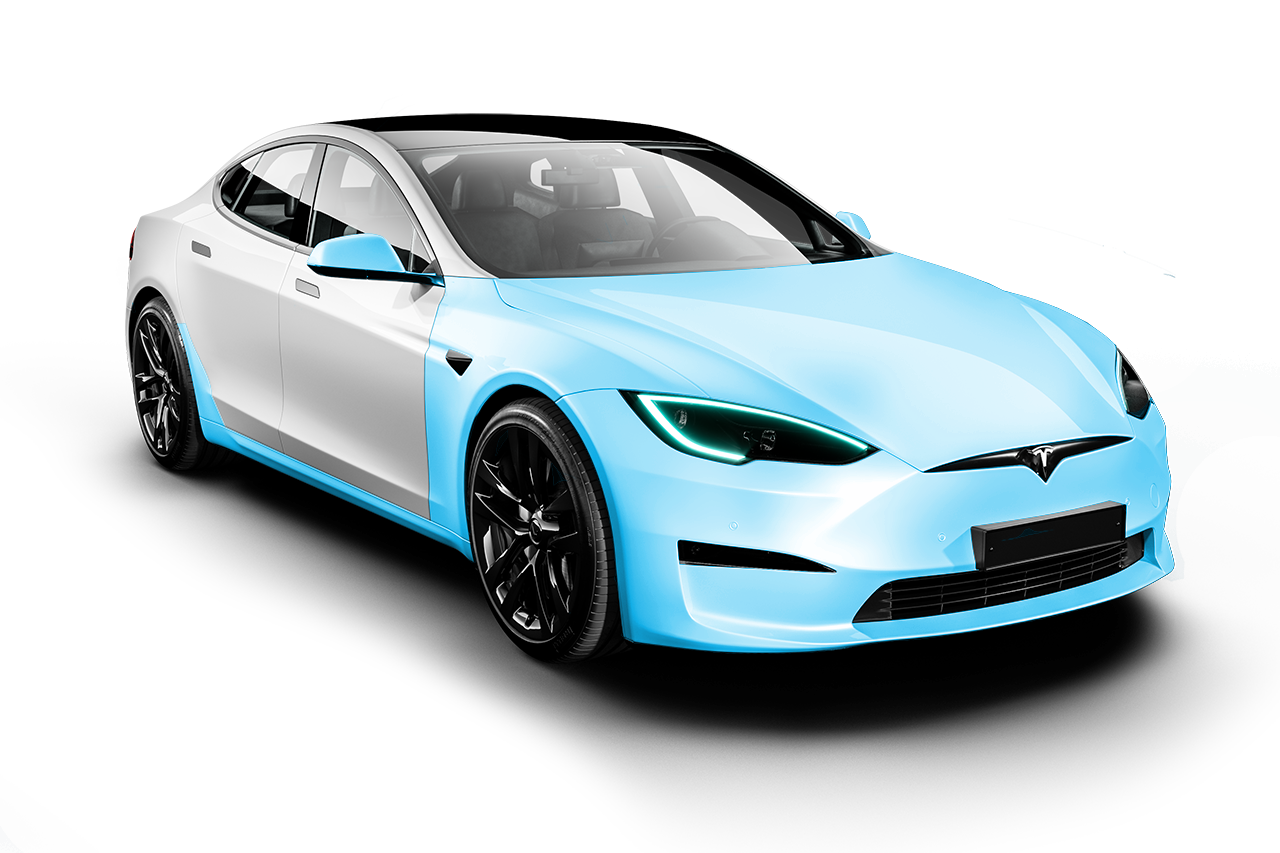 A tesla model s with a blue paint job on a white background.