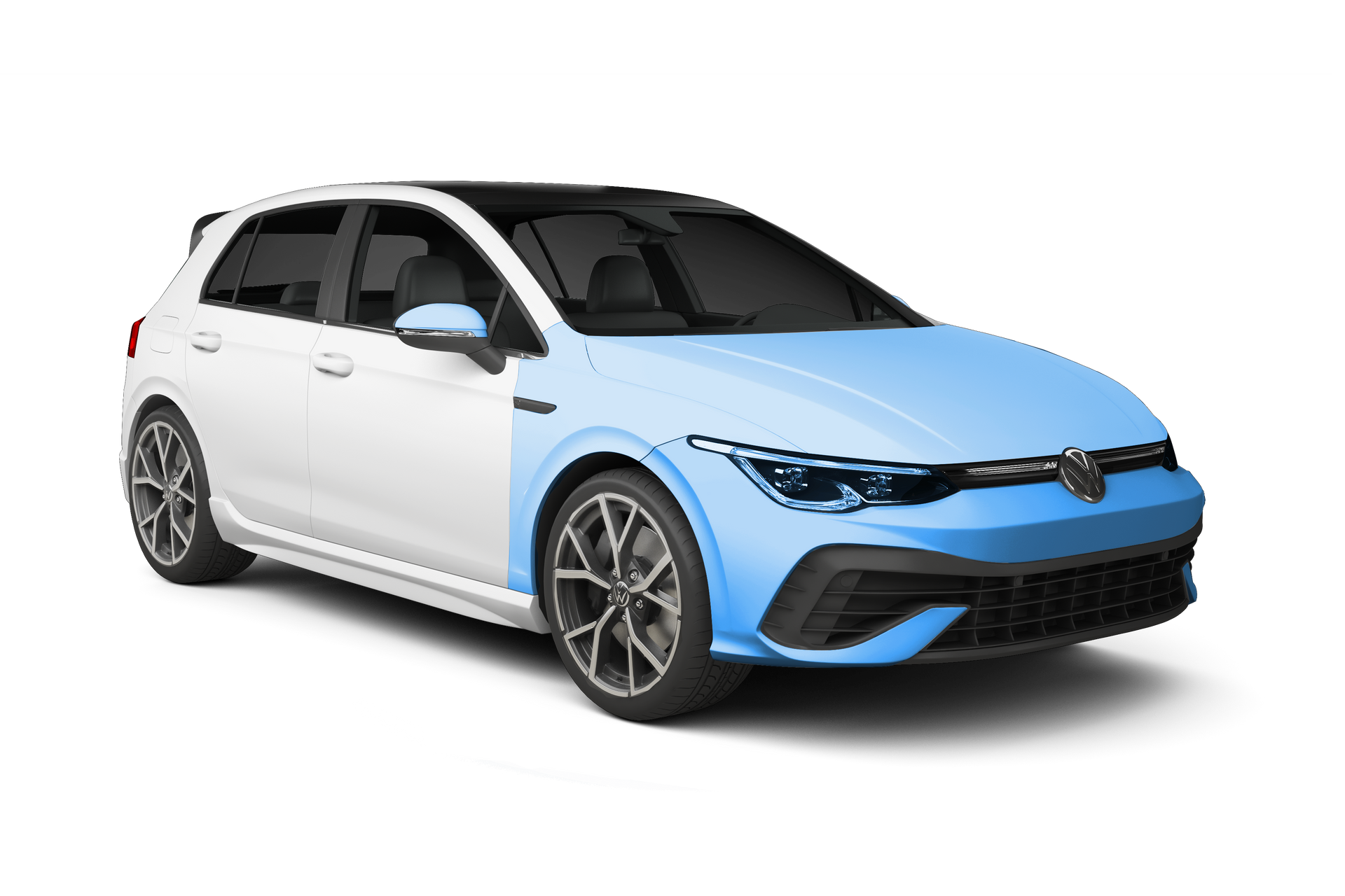A white volkswagen golf with a blue paint job on a white background.