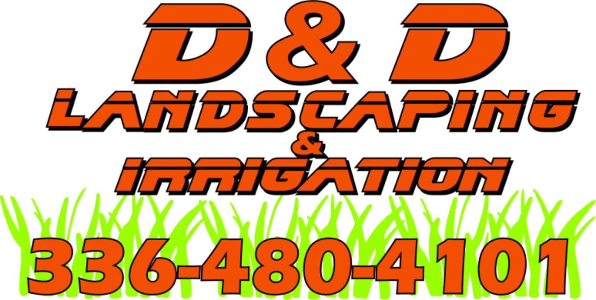 Orange “D&D Landscaping & Irrigation” text on a green background