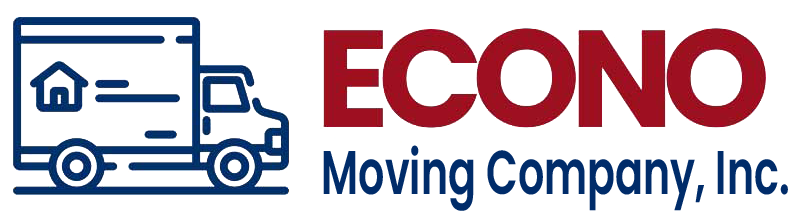 Blue moving truck with a house icon and "ECONO MOVING CO" in red text.