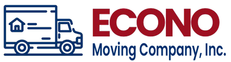 Blue moving truck with a house icon and "ECONO MOVING CO" in red text.