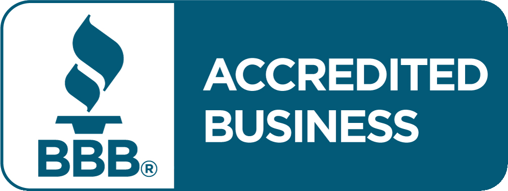 BBB Accredited Business logo with torch and text on a blue background.