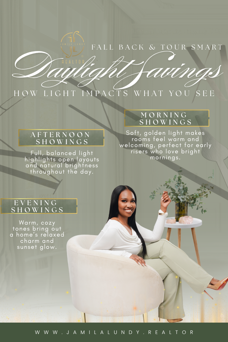Poster about daylight savings. Woman sits in a chair. Text explains how light impacts visuals: morning, afternoon, evening.