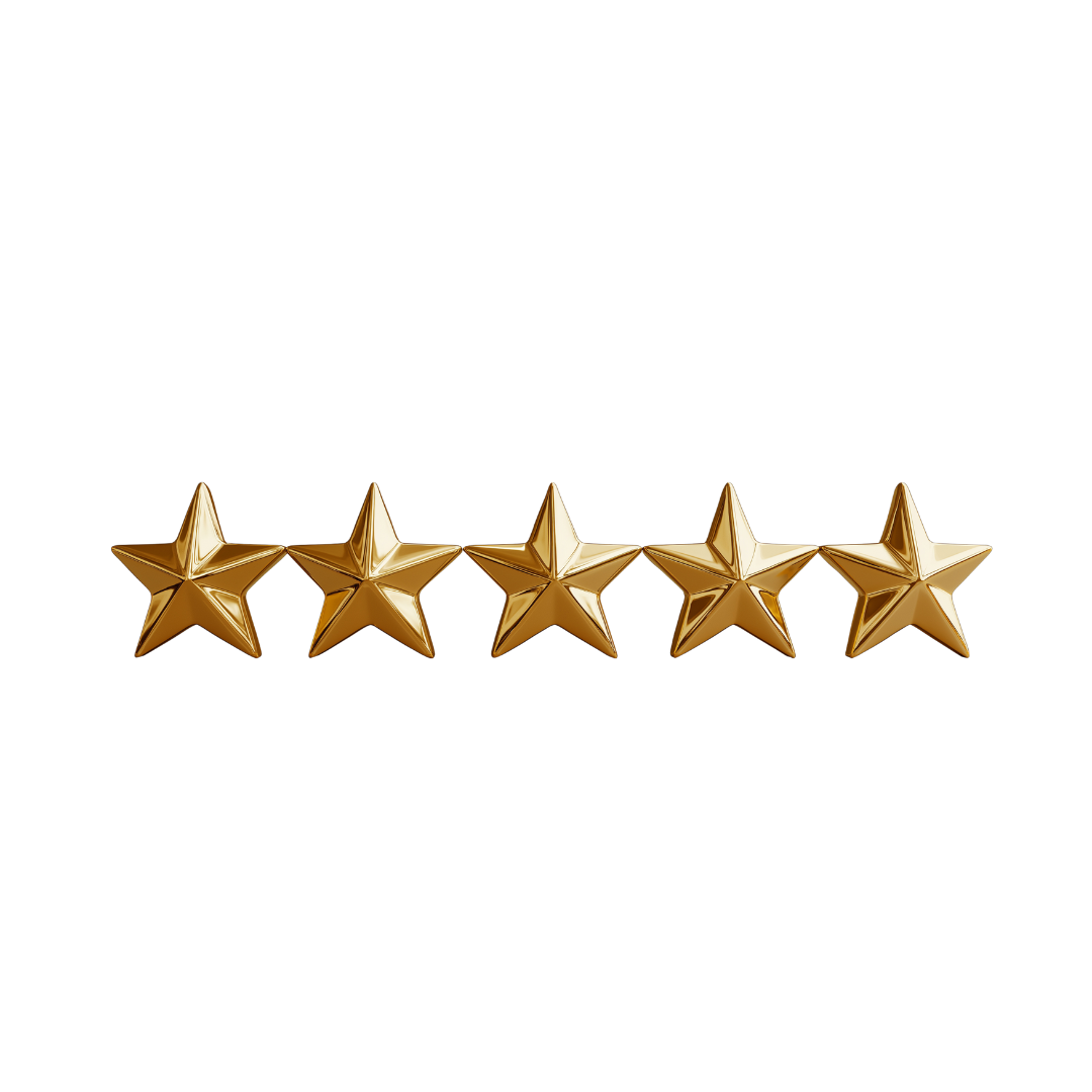 Five gold stars in a horizontal row, representing a five-star rating.