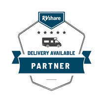 A rvshare delivery available partner badge with a rv on it.
