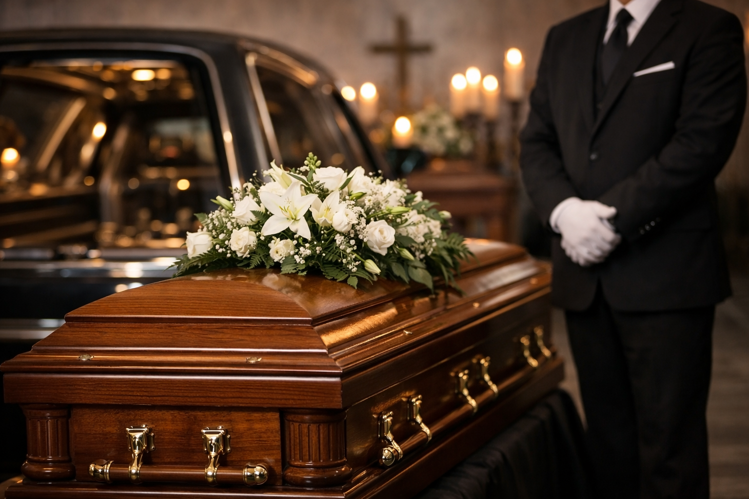 Bara di legno con composizione floreale, accanto a un carro funebre nero