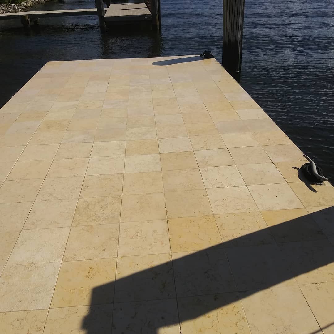 A cat sits on a dock near the water