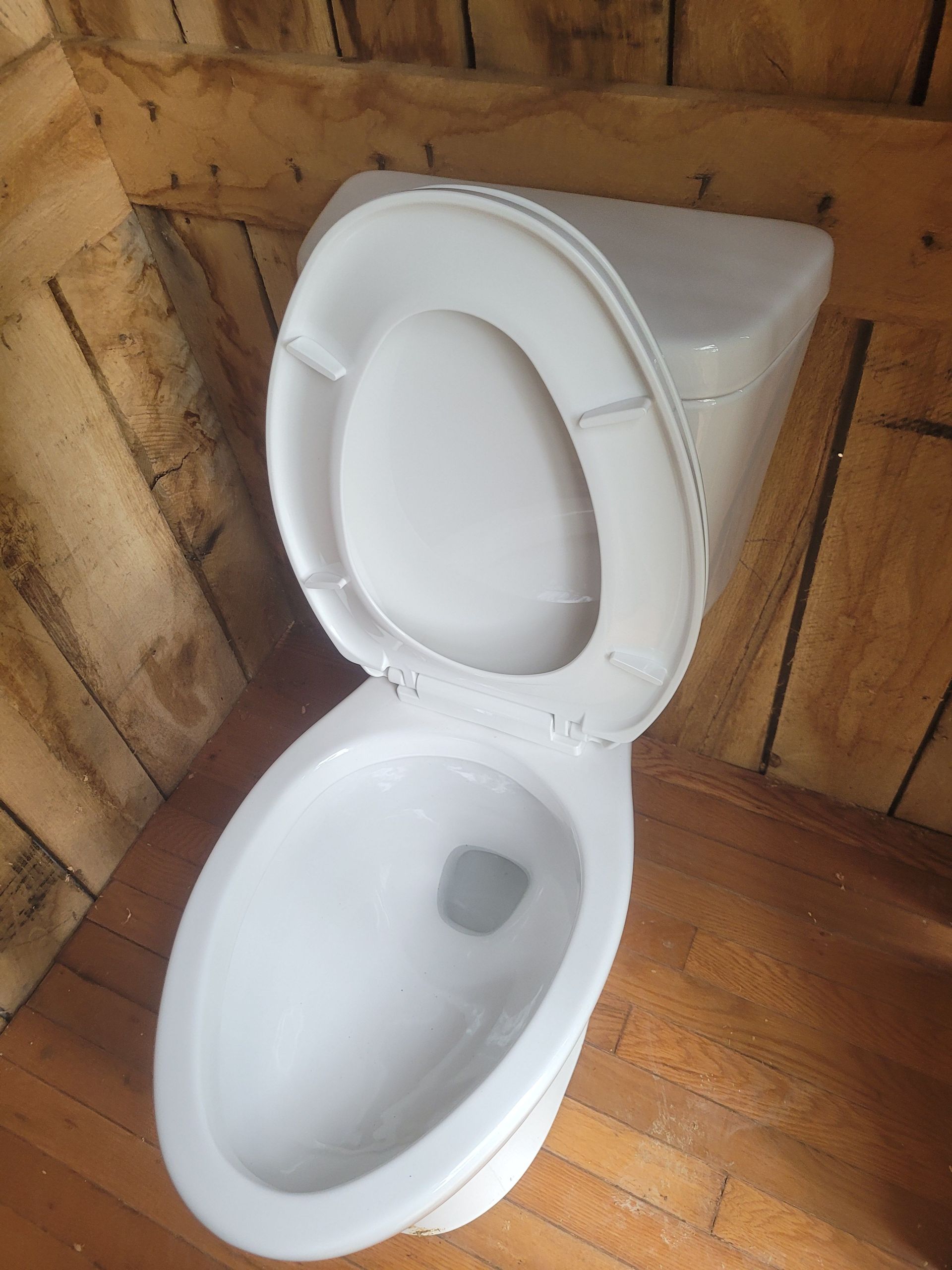 White toilet with the lid and seat up, in a wood-paneled bathroom.