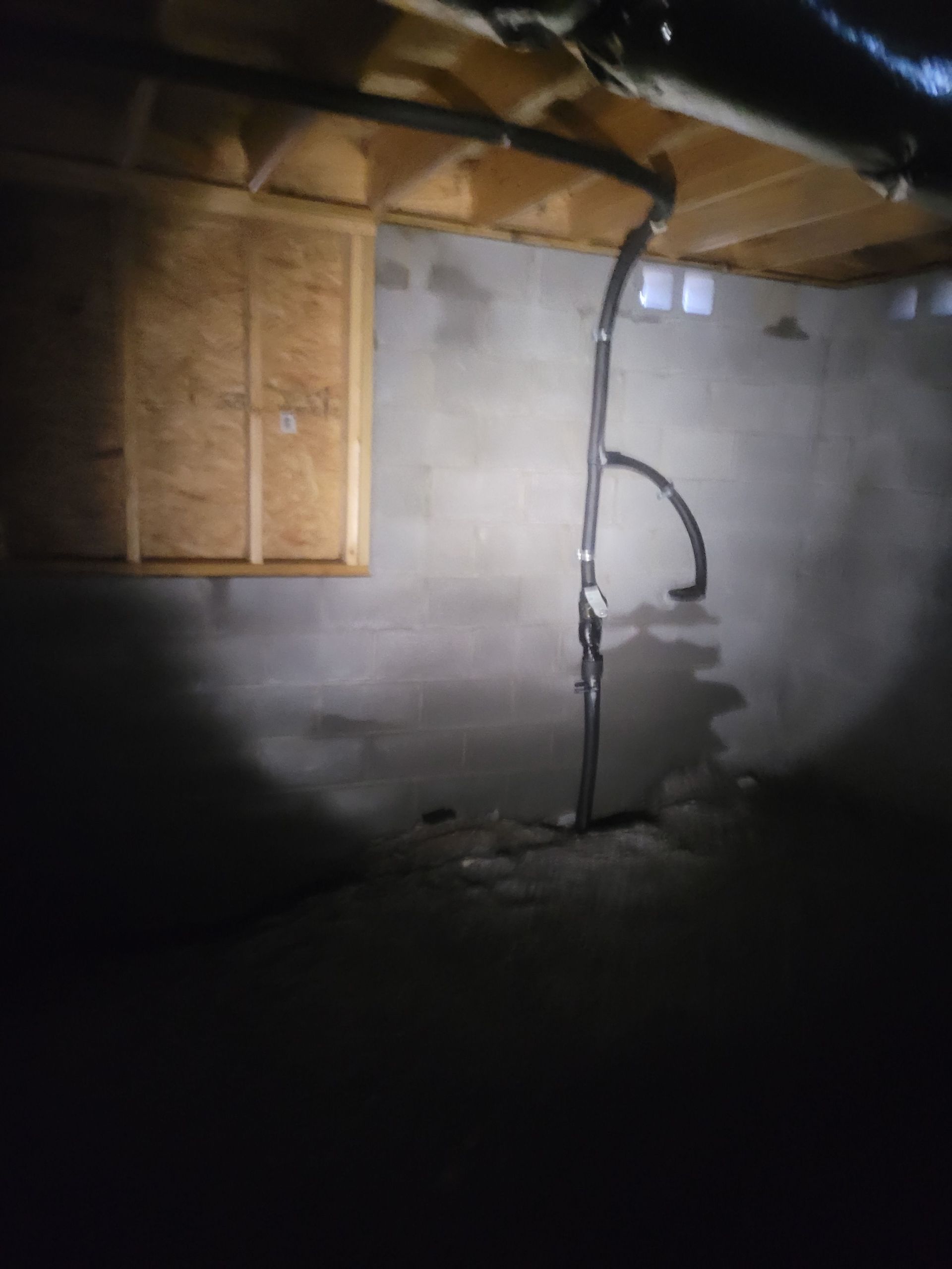 Dark basement with pipes against a concrete wall, wooden panel, and exposed ceiling beams.