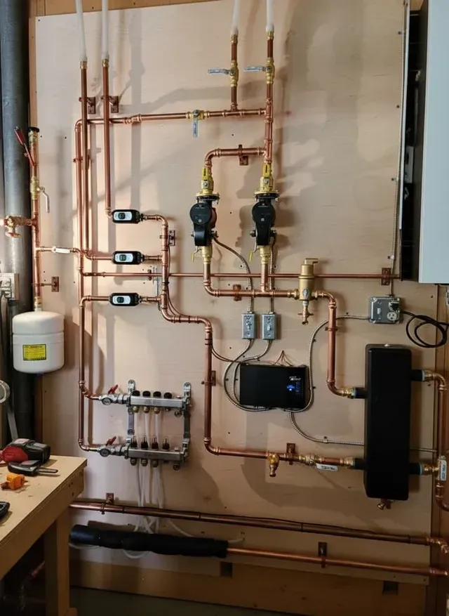 Copper pipes and valves of a hydronic heating system installed on a wooden wall.